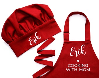 Personalized toddler apron for kitchen, custom cooking apron + chef hat set for kids, boy girl chef costume, gift for toddler mom