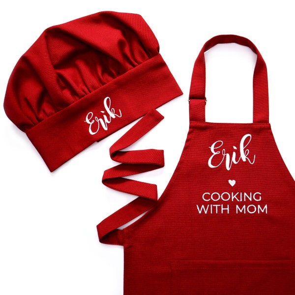 Personalized toddler apron for kitchen, custom cooking apron + chef hat set for kids, boy girl chef costume, gift for toddler mom