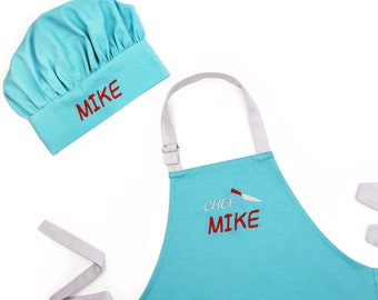 Apron and Chef Hat Personalized Kids Child Adult size for Woman Men turquoise apron set