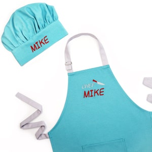 Apron and Chef Hat Personalized Kids Child Adult size for Woman Men turquoise apron set