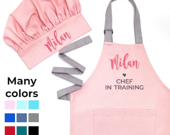 Pink personalized girl apron and chef hat cooking aprons baking girls size toddler 3-12 years teen