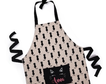 Personalized Kids Linen Apron Kitty Cat, Girl Birthday Gift Name Custom Apron, from 3 7 to 12 years old