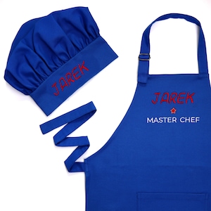 Kids apron and chef hat set with Name, blue apron for boys Chef in training Toddler set