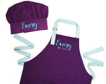 Toddler Apron and Chef hat set, Baking Chef Party Gift Cooking Set Purple Girl Personalized