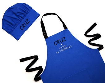 Kids apron and chef hat set with Name, blue apron for boys Chef in training Toddler set