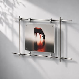 May include: A rectangular clear acrylic picture frame suspended by a horizontal and vertical metal rod system. The frame holds a photograph of a dark horse standing in shallow water, with its reflection visible in the calm, misty surface below.