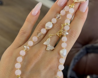 Handmade Butterfly Phone Charm, Beaded Crystal Wrist Strap in Silver or Pink, Cute Phone Accessory, Purse Charm, Gift for Her