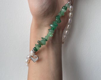 Natural pearl phone charm with gemstone for women who wear their zodiac — custom birthstone lanyard, clover pendant, AURA luxury gift.