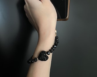 Zwarte kristallen telefoonbedelarmband met hart, op maat gemaakt schoudertasje met kralen Y2K Kawaii, Halloween zomercadeau voor haar