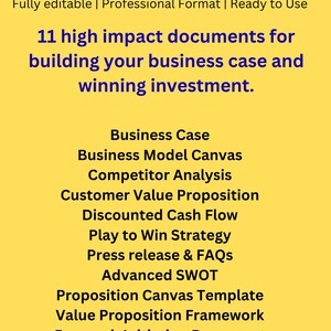 以下が含まれることがあります： 「Ultimate Business Case Bundle」のテキストと、ビジネスケースの構築と投資獲得のための11のドキュメントのリストが記載された黄色のグラフィック。ドキュメントには、ビジネスケース、ビジネスモデルキャンバス、競合分析が含まれます。