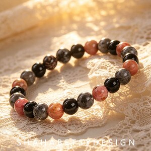 Black Flash Rhodonite Mixed Stone Stretch Bracelet, Earthy Boho Natural Gemstone 16-17cm
