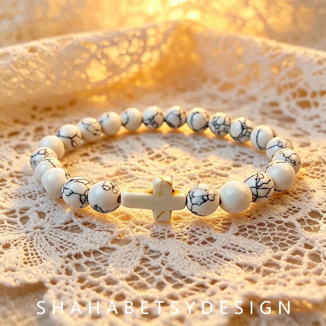 White Howlite Cross Bracelet, 19cm Elastic Natural Stone Beaded ...