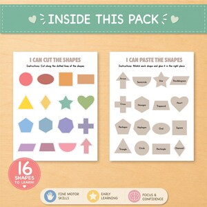Puede incluir: Paquete de actividades educativas con dos hojas de trabajo. Una hoja presenta formas para recortar, la otra para pegar. Incluye el texto "INSIDE THIS PACK" y "16 SHAPES TO LEARN!" con iconos para la motricidad fina, el aprendizaje temprano y la concentración.
