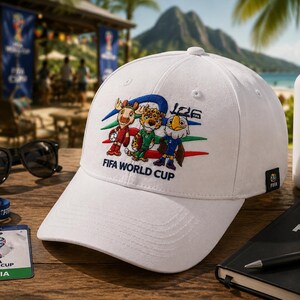 May include: A white baseball cap featuring an embroidered graphic of three FIFA World Cup mascots and the text FIFA WORLD CUP. The cap has a structured crown, a curved brim, and a small black tag on the side with the FIFA logo printed in white.