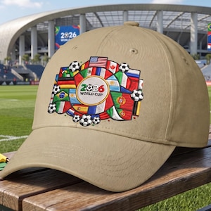 May include: A tan baseball cap featuring a central circular graphic with the text 2026 WORLD CUP, surrounded by a collage of various national flags and black and white soccer ball illustrations, with stitched eyelets on the crown.