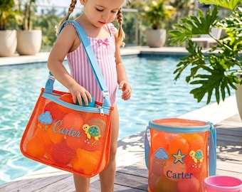 Custom Sibling Beach Bag Set, Personalized Kids Mesh Toy Organizer, Set of 2 Toddler Pool Tote, Summer Family Vacation Sand Pouch