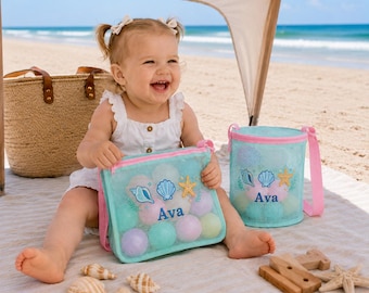 Personalisierte Kinder Strandtasche Set, benutzerdefinierter Name Mesh Spielzeug Organizer, 2er-Set Sommer Strandtaschen, Kleinkind Pool Tasche, Kinder Urlaubsgeschenk