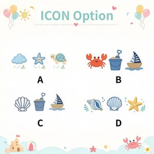 Może przedstawiać: Obraz z tekstem "ICON Option" nad czterema zestawami haftowanych ikon o tematyce plażowej. Ikony obejmują chmurę, rozgwiazdę, ż&oacute;łwia, kraba, wiadro z piaskiem, żagl&oacute;wkę, muszlę i dolara piaskowego.