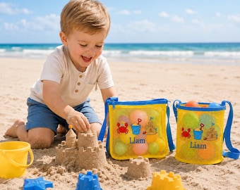 Bolsa de playa infantil personalizada, organizador de juguetes de malla con nombre personalizado, juego de 2 bolsas de verano, regalo de verano para niños.