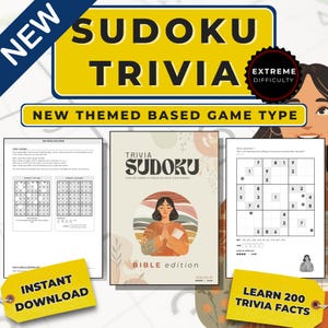 May include: A book cover for "Trivia Sudoku Bible Edition" with a woman illustration. The image includes sample Sudoku puzzles and the text "Instant Download" and "Learn 200 Trivia Facts". The game is described as "Extreme Difficulty".