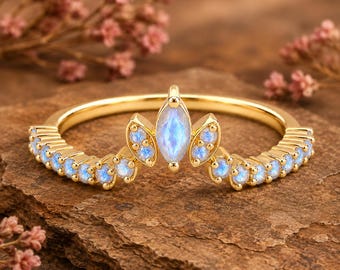 Anillo de piedra lunar arcoíris creado en laboratorio, anillo de piedra lunar de banda abierta, anillo de compromiso estilo boho, joyería de piedra natal de junio, regalo de piedra lunar marquesa para ella