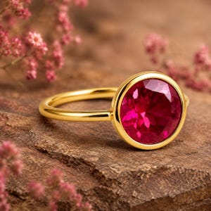 Lab Created Ruby Solitaire Ring, Round Cut Ruby Ring, Bezel Set Engagement Ring, July Birthstone Jewelry, Minimalist Gold Ring for Women image 3