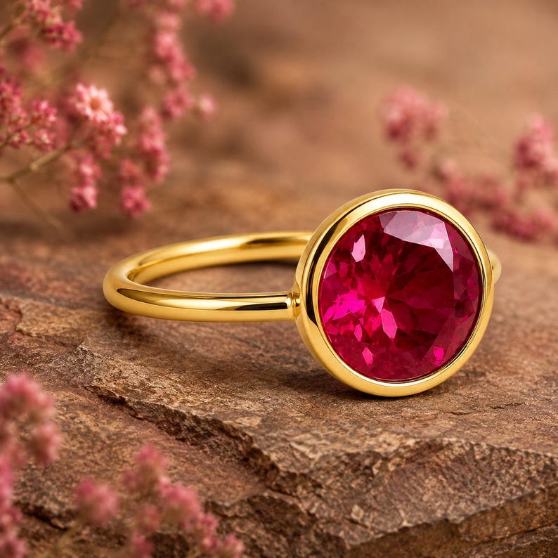 Lab Created Ruby Solitaire Ring, Round Cut Ruby Ring, Bezel Set Engagement Ring, July Birthstone Jewelry, Minimalist Gold Ring for Women image 3