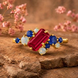 Può includere: Un anello in oro con una gemma rossa centrale taglio smeraldo, affiancata da grappoli di zaffiri blu rotondi e opali bianchi iridescenti. La fascia è in oro lucido e le pietre sono disposte in una composizione sulla parte superiore.