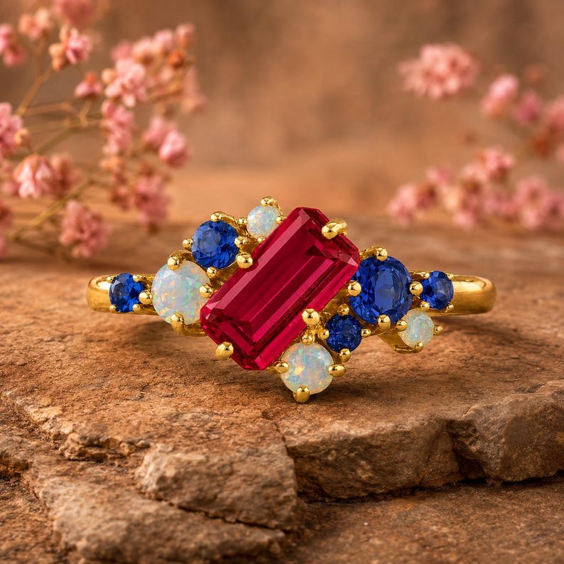 Op de afbeelding: Een gouden ring met een centrale smaragdgeslepen rode edelsteen, geflankeerd door clusters van ronde blauwe saffieren en iriserende witte opalen. De ringband is van gepolijst goud en de stenen zijn in een groep bovenop geplaatst.