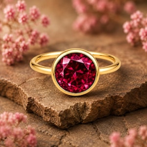 Lab Created Ruby Solitaire Ring, Round Cut Ruby Ring, Bezel Set Engagement Ring, July Birthstone Jewelry, Minimalist Gold Ring for Women