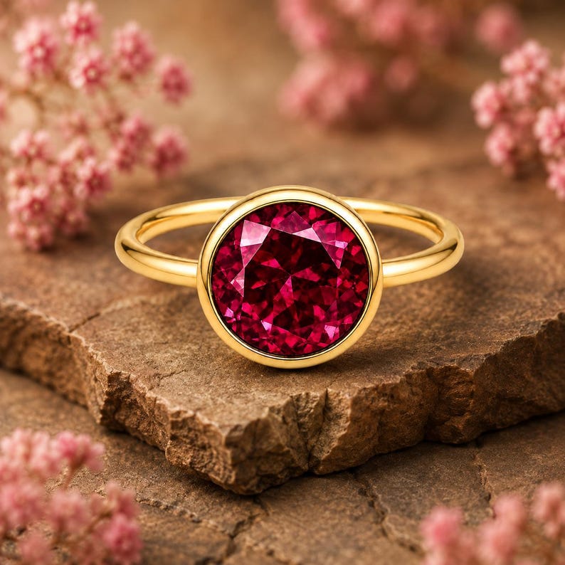 Lab Created Ruby Solitaire Ring, Round Cut Ruby Ring, Bezel Set Engagement Ring, July Birthstone Jewelry, Minimalist Gold Ring for Women image 1