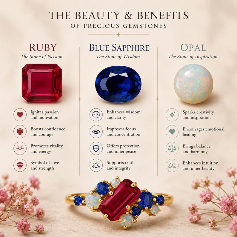 Op de afbeelding: Een educatieve infographic getiteld THE BEAUTY & BENEFITS OF PRECIOUS GEMSTONES met een vierkante robijn, ovale blauwe saffier en ronde opaal. Daaronder een gouden ring met een centrale rechthoekige robijn, blauwe saffieren en kleine opalen.