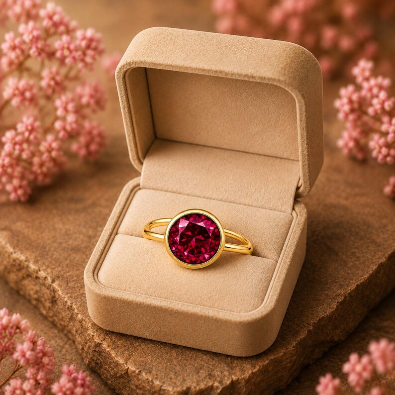 Lab Created Ruby Solitaire Ring, Round Cut Ruby Ring, Bezel Set Engagement Ring, July Birthstone Jewelry, Minimalist Gold Ring for Women image 5