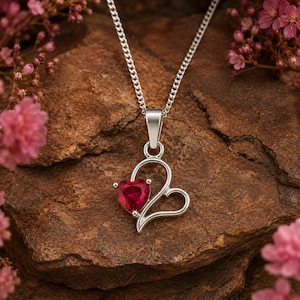 Ruby Heart Pendant Necklace, Sterling Silver Heart Necklace, Lab Created Ruby Gemstone Pendant, July Birthstone Gift for Her