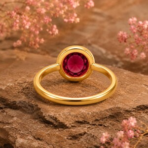 Lab Created Ruby Solitaire Ring, Round Cut Ruby Ring, Bezel Set Engagement Ring, July Birthstone Jewelry, Minimalist Gold Ring for Women image 7