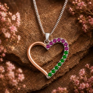 Lab Created Ruby Emerald Heart Pendant, Red Green Gemstone Necklace, Romantic Love Jewelry Gift for Women