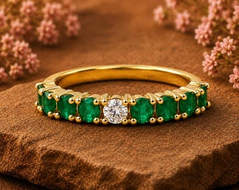 Anel de Esmeralda e Zircônia Cúbica, Aliança Eternidade Verde, Anel Empilhável em Ouro, Aliança Delicada, Anel Minimalista com Pedras Preciosas