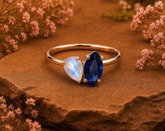 Ring regenboog maansteen en blauwe saffier, ring Toi et Moi, ring maansteen saffier, edelsteen marquise, beloftering cadeau voor haar