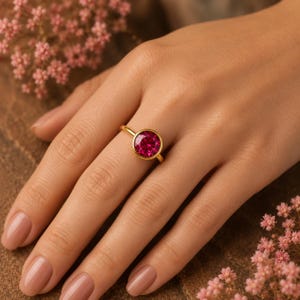 Lab Created Ruby Solitaire Ring, Round Cut Ruby Ring, Bezel Set Engagement Ring, July Birthstone Jewelry, Minimalist Gold Ring for Women image 2