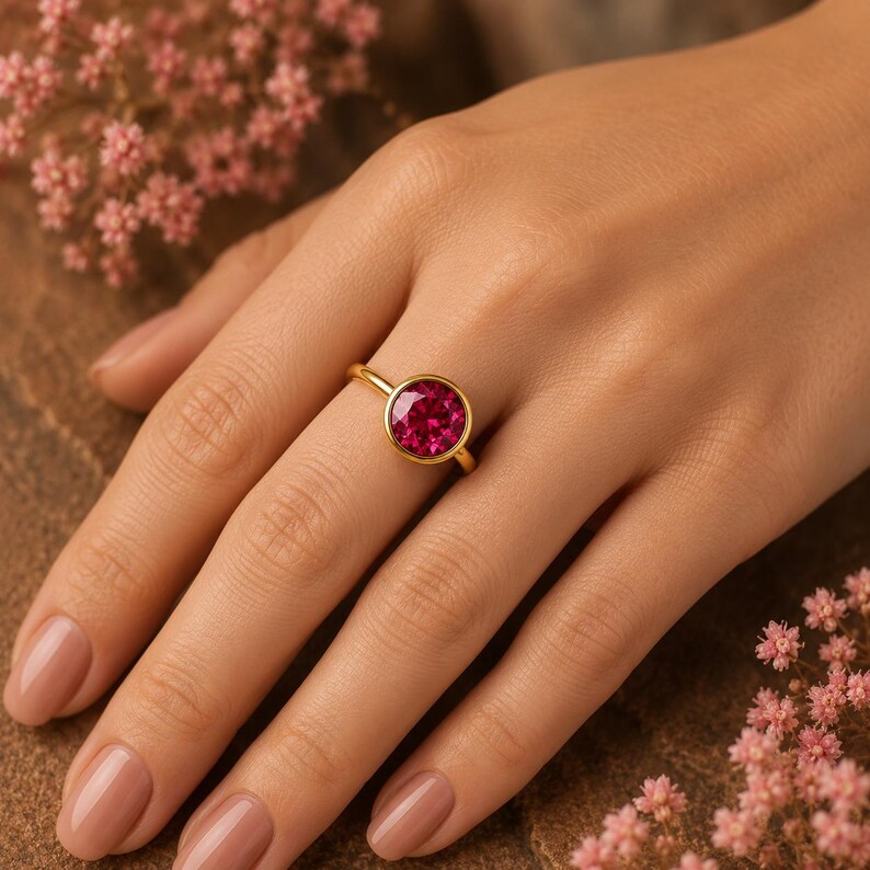 Lab Created Ruby Solitaire Ring, Round Cut Ruby Ring, Bezel Set Engagement Ring, July Birthstone Jewelry, Minimalist Gold Ring for Women image 2