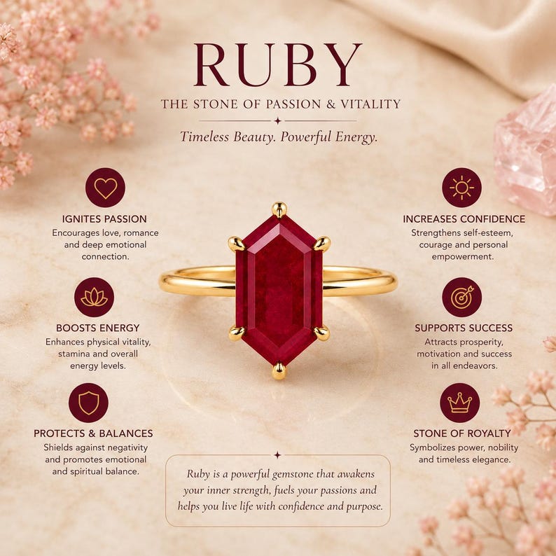 Lab gemaakt robijn ring, zeshoekig geslepen robijn solitaire ring, geboortesteen juli ring, minimalistische belofte ring, gouden ring voor vrouwen afbeelding 6