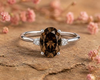 Door lab gemaakte rookkwartsring, ovaal geslepen rookkwarts verlovingsring, minimalistische solitaire ring, november geboortesteen sieraden, cadeau voor haar