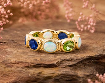 Lab Created Multi Gemstone Eternity Ring, Opal Sapphire Peridot Band Ring, Rainbow Gemstone Ring, Colorful Wedding Band, Statement Jewelry