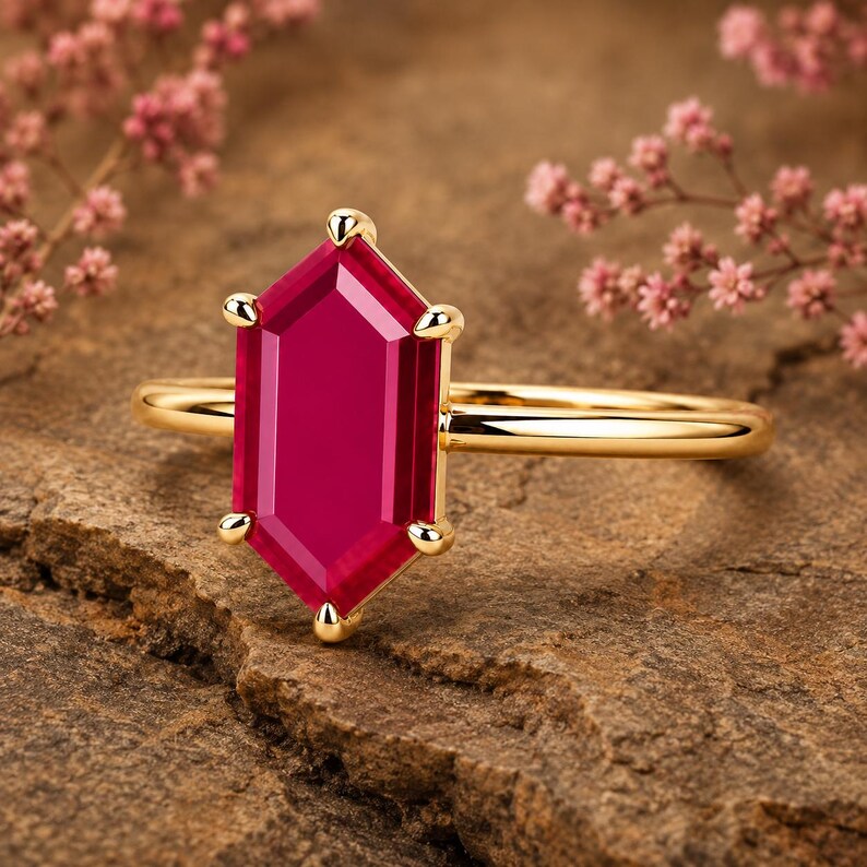 Lab gemaakt robijn ring, zeshoekig geslepen robijn solitaire ring, geboortesteen juli ring, minimalistische belofte ring, gouden ring voor vrouwen afbeelding 4