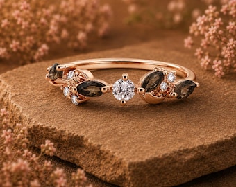 Anel de Quartzo Fumê e Zircônia Cúbica, Anel Aberto em Ouro, Anel de Quartzo Fumê em Formato de Marquise, Anel de Compromisso Delicado, Presente Elegante para Ela