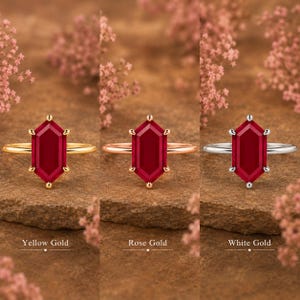 Lab gemaakt robijn ring, zeshoekig geslepen robijn solitaire ring, geboortesteen juli ring, minimalistische belofte ring, gouden ring voor vrouwen afbeelding 2