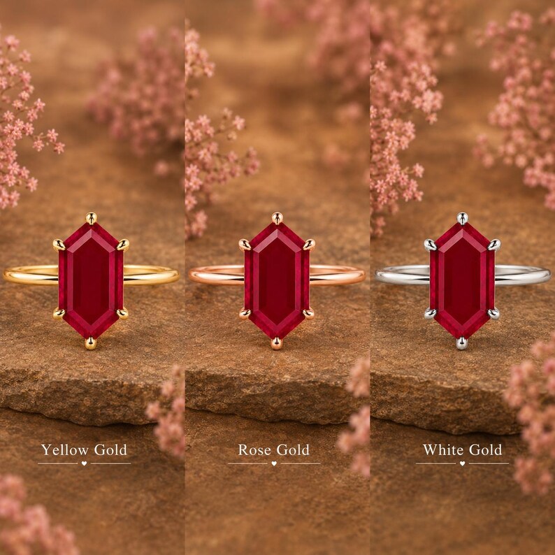 Lab gemaakt robijn ring, zeshoekig geslepen robijn solitaire ring, geboortesteen juli ring, minimalistische belofte ring, gouden ring voor vrouwen afbeelding 2