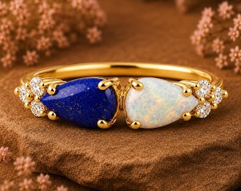 Lapis lazuli en opaalring, Toi Et Moi edelsteenring, gouden statementring, peergeslepen edelsteenring, unieke beloftering cadeau voor haar