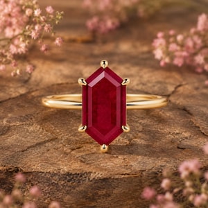 Lab Created Ruby Ring, Hexagon Cut Ruby Solitaire Ring, July Birthstone Ring, Minimalist Promise Ring, Gold Ring for Women
