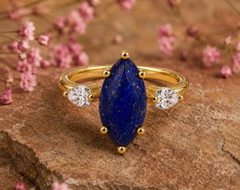 Anillo de lapislázuli creado en laboratorio, anillo de lapislázuli talla marquesa, anillo de compromiso con piedra preciosa azul, anillo llamativo, regalo de joyería bohemia para ella.
